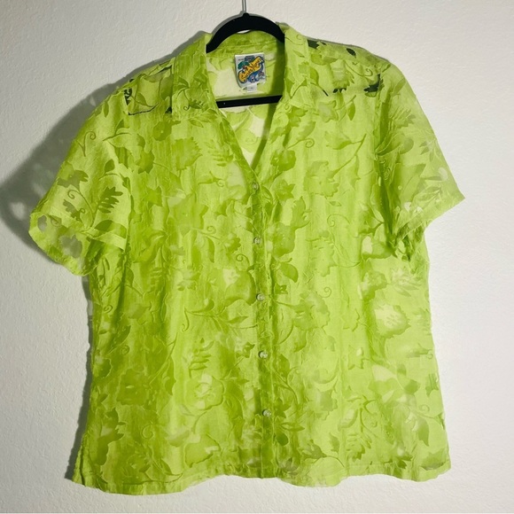 Susan Marie woman’s Lime Green Floral Sheer Top size XL short sleeve buttondwn - Picture 1 of 9